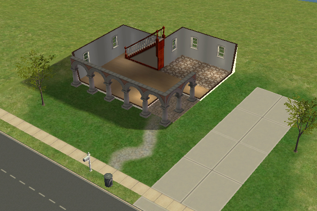 Cutaway first floor view showing an open living, dining, and kitchen layout with staircase access, arched front porch, tiled kitchen area, and unfurnished interior space.