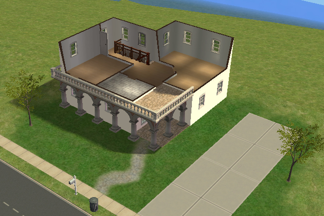 Cutaway second floor view showing two bedrooms, a central landing, bathroom space, and an upper patio area above the arched front porch.