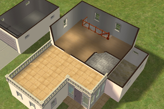 Cutaway upper floor view showing the master bedroom and bathroom area beside a large second-floor patio overlooking the front entry and garage.