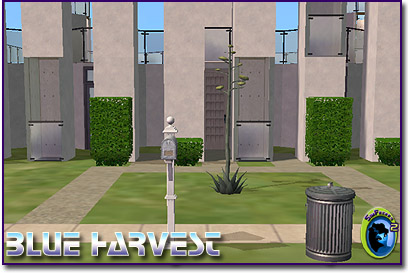 Grey columns with some bushes, a mailbox and corrugated trashcan.