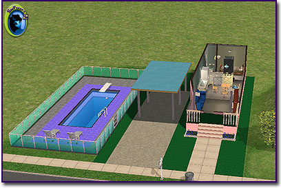 Front view of a house showing interior walls, carport and pool.
