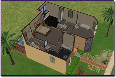Cutaway of a yellow house showing the 2nd story bedrooms and bathroom