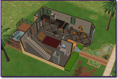 Cutaway of a yellow house showing the first story floorplan with kitchen, dining room, livingroom, and bathroom.
