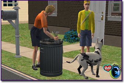 Great Dane - Harlequin hanging around the garbage can while a sim throws out some garbage and another watches.