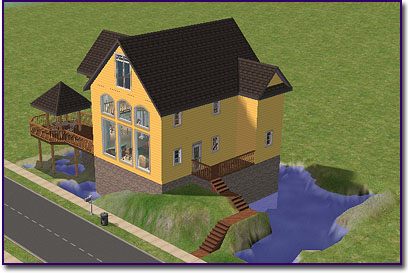 Yellow stucco two-story house raised above a half moat and a small hillside. The house has large arched front windows and attic window with a staircase leading down the hill from the from door. A wooden porch with partial rounded dining area is covered by a gazebo.