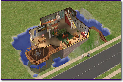 Floorplan of waterfront house with rounded patio and a small dining table with four chairs. The house has a kitchen, living room and bathroom tucked behind a stairway leading to the second floor.