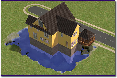 Two story house back view raised above a moat that surrounds the lower stone of the raised house and rounded patio.