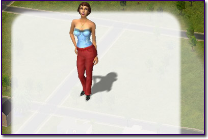 Loraine Keller, a sim in red pants and a sky blue bustier.