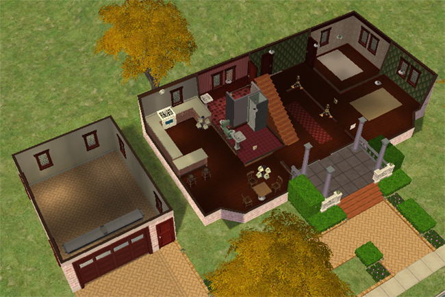 Cutaway first floor view showing the detached garage, kitchen and dining area, foyer with staircase, living room, bedroom, two bathrooms, and basic furnishings including a leftover dining set.
