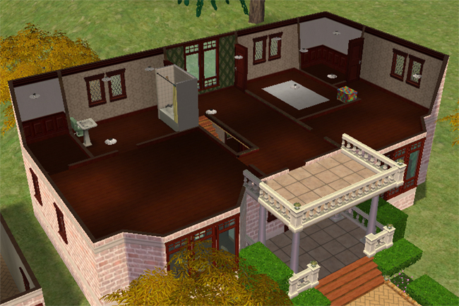 Cutaway second floor view showing two larger bedrooms with closet spaces, a small children’s bedroom with toybox, and a shared bathroom connected to the master bedroom with hallway access.