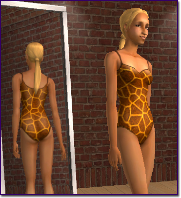 Giraffe One-Piece swimsuit on a lightly tanned female sim body.