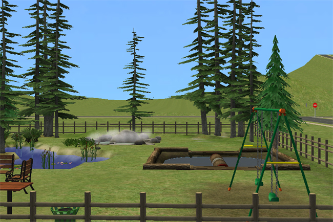 A Sims 2 country park with a swing set, log rolling pit, campfire area, pond, benches, and tall pine trees behind a wooden fence.