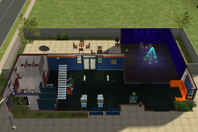 A cutaway view of the first floor shows restrooms, a dance floor with colored lights, lounge seating, arcade machines, vending machines, benches, and patio access.