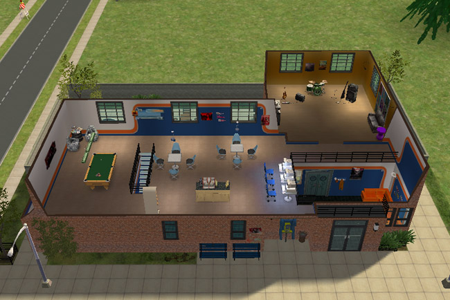 A cutaway view of the second floor shows pool, computers, a coffee station, tables, musical instruments, a bookcase, lounge seating, and stair access.