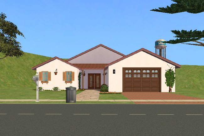 Front exterior view of Villa Luisa, a single-story Mediterranean-style home with pale stucco walls, red tile roofing, attached garage, shuttered windows, and a simple landscaped entryway.
