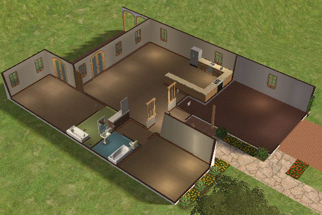 Interior cutaway view of Villa Luisa showing a single-story layout with two bedrooms, two bathrooms, kitchen area, open living spaces, entry hall, and direct access to the rear patio.