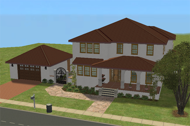 Front exterior view of Villa Margarita, a Mediterranean-inspired two-story home with white stucco walls, red tile roofing, arched porch details, stone walkways, landscaped garden beds, and a detached garage.