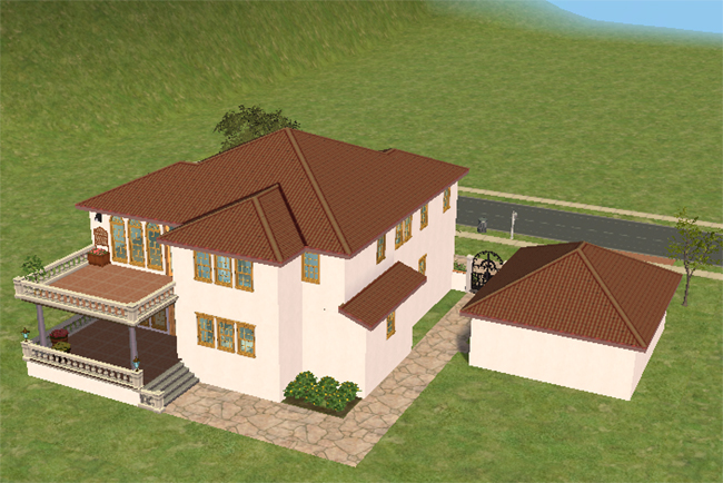 Rear exterior view of Villa Margarita showing the covered balcony, arched windows, red tile roofing, detached garage, stone pathways, and simple landscaped yard.