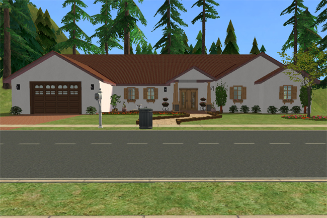 Front exterior view of Villa Marisa, a wide Mediterranean-style single-story home with white stucco walls, red tile roofing, attached garage, arched windows, and landscaped front entry.