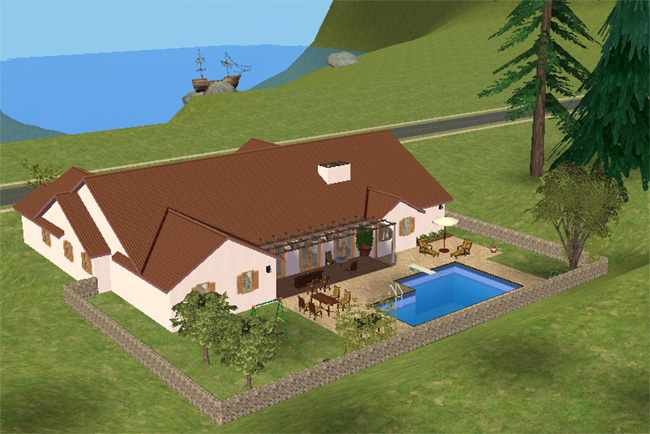 Rear exterior view of Villa Marisa showing the fenced backyard, swimming pool, covered patio dining area, outdoor grill, garden space, and rear access to the home.