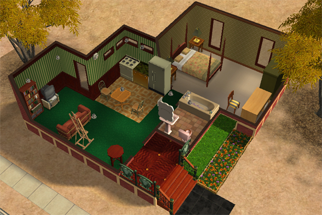 An overhead floor plan of a fully furnished one-bedroom home with a kitchen, living area, bathroom, bedroom, activity space, porch, and garden beds.