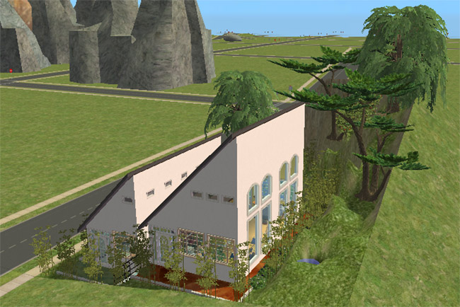 A side view of a white Sims 2 house built near a leafy hillside with tall arched windows, climbing greenery, and a shaded pond area.