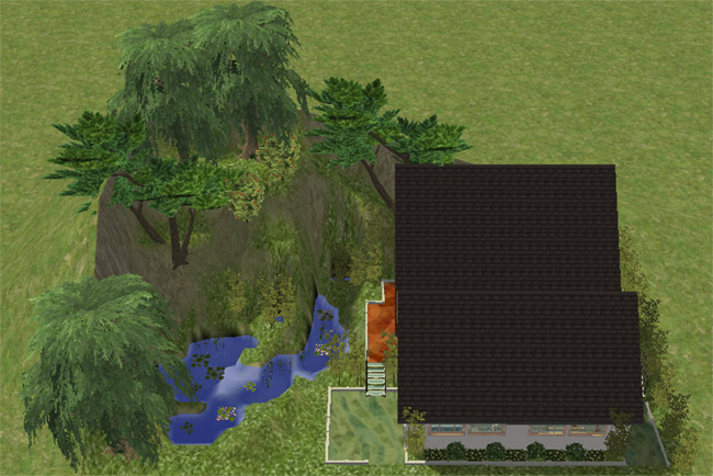 From the top angled view, the roofline, pond, and hillside setting come together more clearly, showing how closely the house sits beside the water and trees. The outdoor setting gives the lot a quiet, slightly hidden charm, perfect for a Sim who wants nature nearby without actually sleeping under a tree.