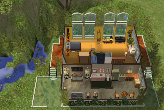 An overhead floor plan of a fully furnished Sims 2 house with one bedroom, one bathroom, kitchen, living area, art space, piano, desk, and pond views.