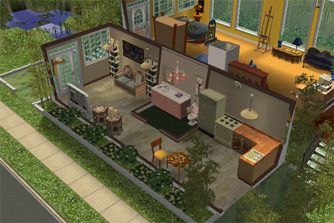 A furnished Sims 2 kitchen and living area with counters, appliances, seating, television, large windows, and greenery outside.