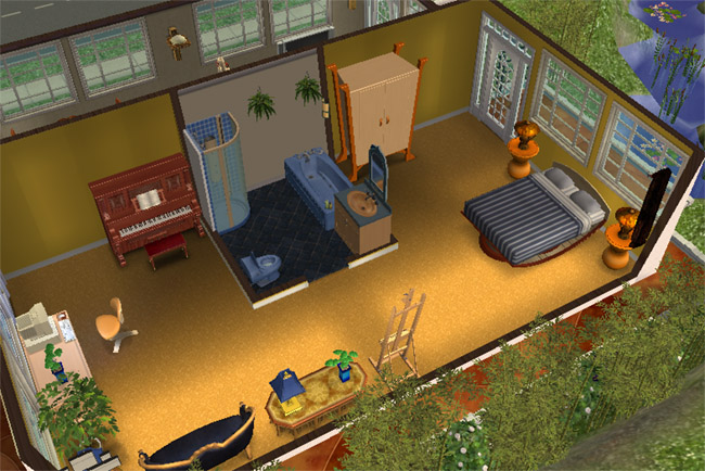 A furnished Sims 2 bedroom with a bed, piano, easel, computer desk, bathroom area, large windows, and leafy views outside.