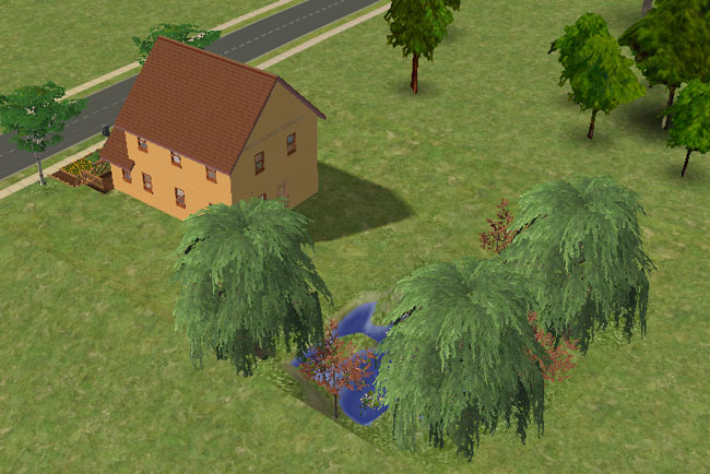 A rear view shows the farmhouse near a small pond surrounded by willow trees, with open grass and wooded scenery around the lot.