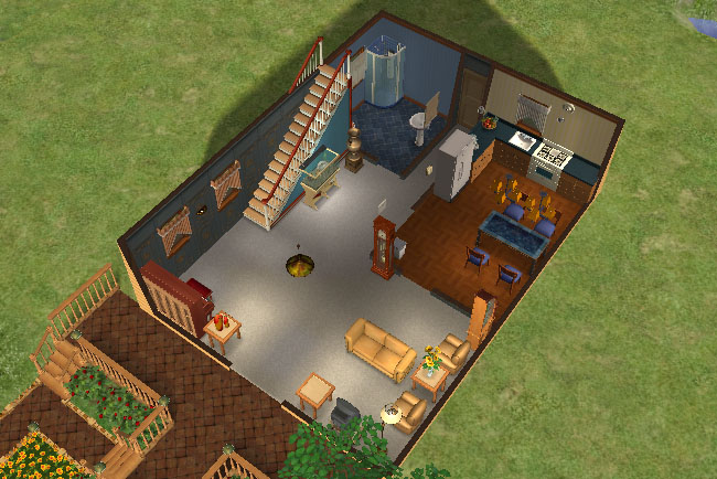 A cutaway view of the first floor shows a furnished living area, kitchen, dining space, bathroom, staircase, and front porch access.