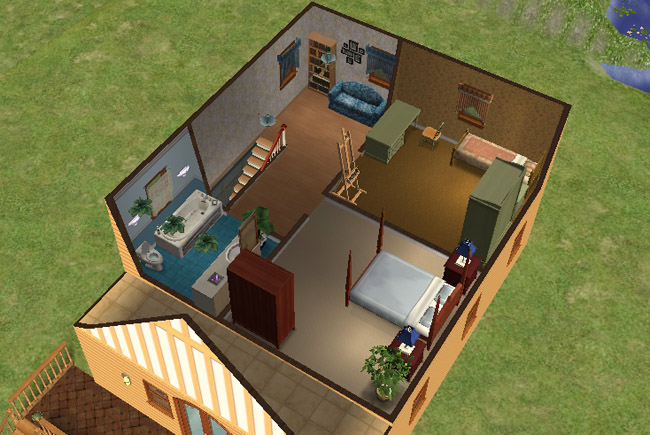 A cutaway view of the second floor shows two furnished bedrooms, a bathroom, activity items, seating, storage, and stair access.