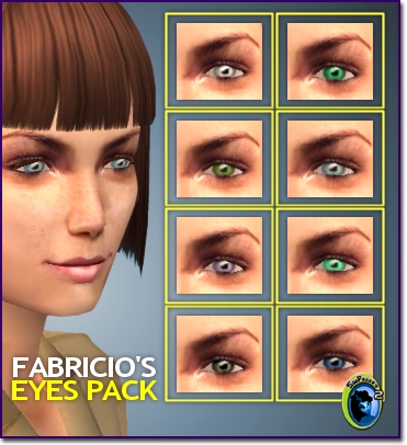A woman showcasing grey eyes and two columns with four eye swatches in eight color variations.
