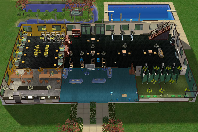 Cutaway first floor view of Newbie Hall showing a large furnished dormitory layout with cafeteria space, study and media areas, recreation rooms, bathrooms, gym equipment, pool access, and central stairway.