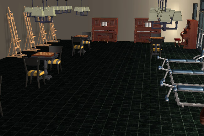 Interior activity room view of Newbie Hall showing easels, musical instruments, game tables, seating, and open recreation space for skill building and entertainment.