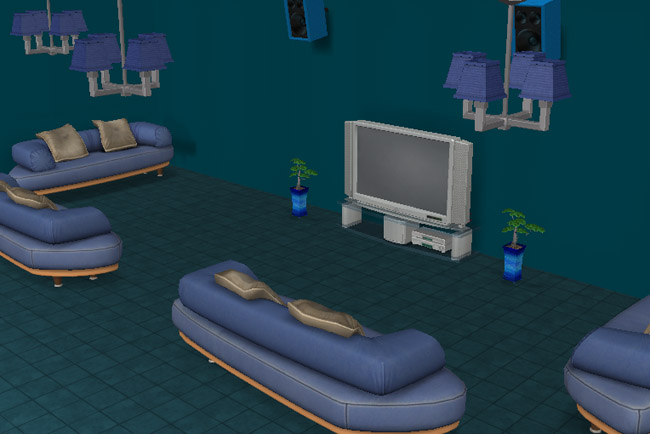 Interior TV lounge view of Newbie Hall featuring blue sectional seating, a large television, matching lamps, potted plants, and a relaxed shared viewing space for dorm residents.