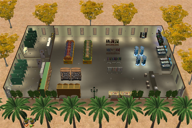 A top-down interior view shows grocery displays, clothing racks, magazine stands, accessories, restrooms, counters, and wide shopping aisles.