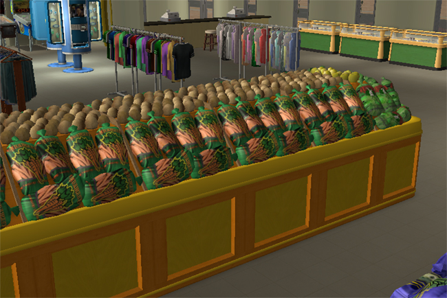 A close-up view shows stocked grocery bins in the foreground, with clothing racks, display counters, and market shelves in the background.