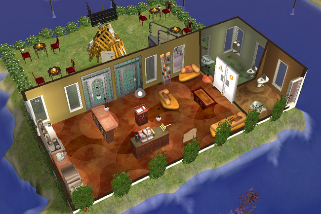 Interior cutaway view of Winter Green Restaurant showing the main restaurant room with the Tempest Cooktop, service counter, lounge seating, restrooms, tall windows, and outdoor dining visible beyond the doors.