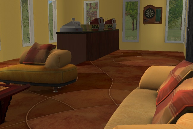 Interior lounge view of Winter Green Restaurant featuring warm seating, tall windows, service counter, dartboard area, patterned flooring, and relaxed seating for Sims waiting, chatting, or lingering after a meal.