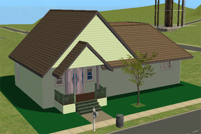 Front exterior view of Ample Astroturf, a single-story family home with pale green siding, steep rooflines, covered front porch, bright green lawn, and simple suburban landscaping.