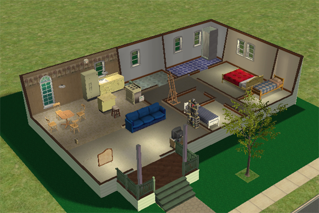 Interior cutaway view of Ample Astroturf showing a furnished single-story layout with open living room, kitchen and dining area, multiple bedrooms, two bathrooms, and front porch access.
