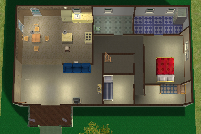 Top-down floorplan view of Ample Astroturf featuring four bedrooms, two bathrooms, an open living area, kitchen and dining space, central hallway, and compact single-story layout.
