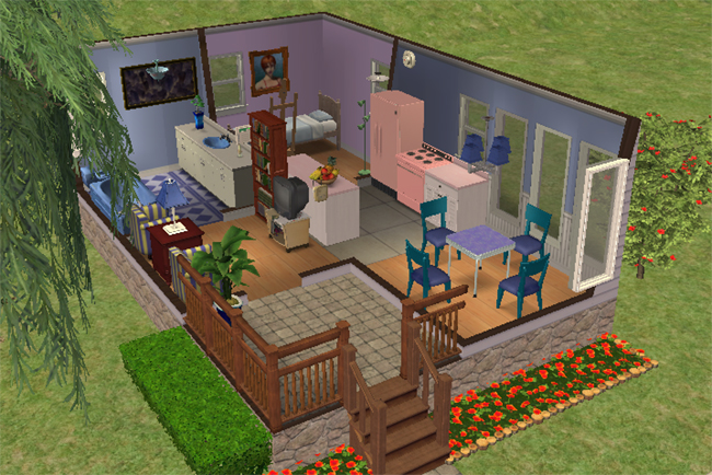Interior cutaway view of Beatnik Bungalow showing a compact furnished layout with kitchen, dining area, living space, bedroom, bathroom, front porch, and colorful retro décor.