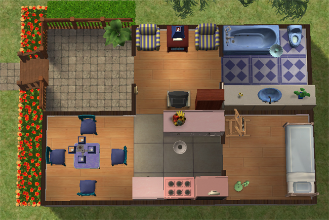Top-down floorplan view of Beatnik Bungalow featuring one bedroom, one bathroom, compact kitchen, dining nook, living area, front porch, and efficient single-story layout.