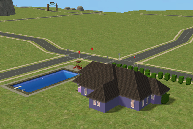 The rear exterior of a Sims 2 house with purple walls, a large swimming pool, patio table, hedges, and surrounding neighborhood roads.