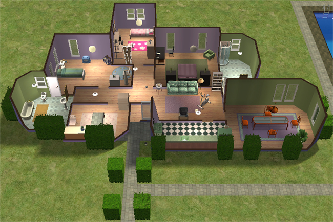 A furnished Sims 2 house interior with green and grape-toned rooms, hardwood floors, multiple bedrooms, bathrooms, living areas, and a central hallway.