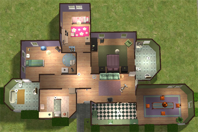 An overhead floor plan of a furnished Sims 2 house with four bedrooms, two bathrooms, hardwood flooring, a central hallway, and a pool outside.
