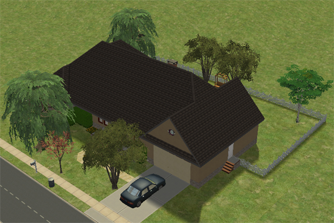 An angled exterior view of a Sims 2 house with a functional driveway, parked car, large roofline, side entry, and fenced backyard.